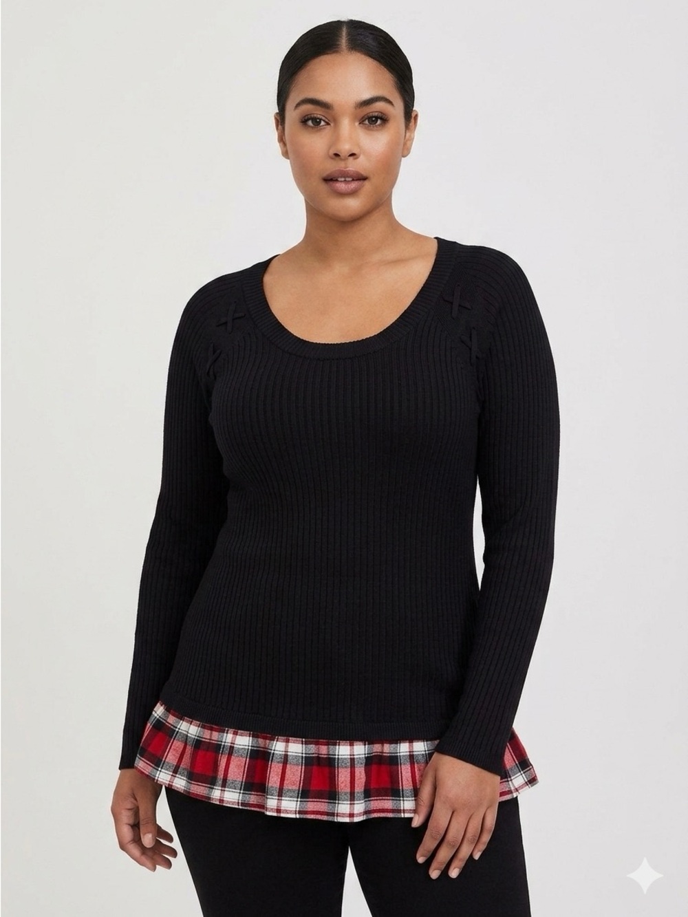 torrid Black Ribbed Long-Sleeve Top with Red Plaid Ruffle Hem